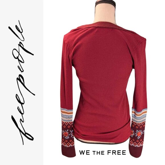 Free People Crochet Sleeves Waffle V- Neck Long Sleeved Shirt - Picture 4 of 5